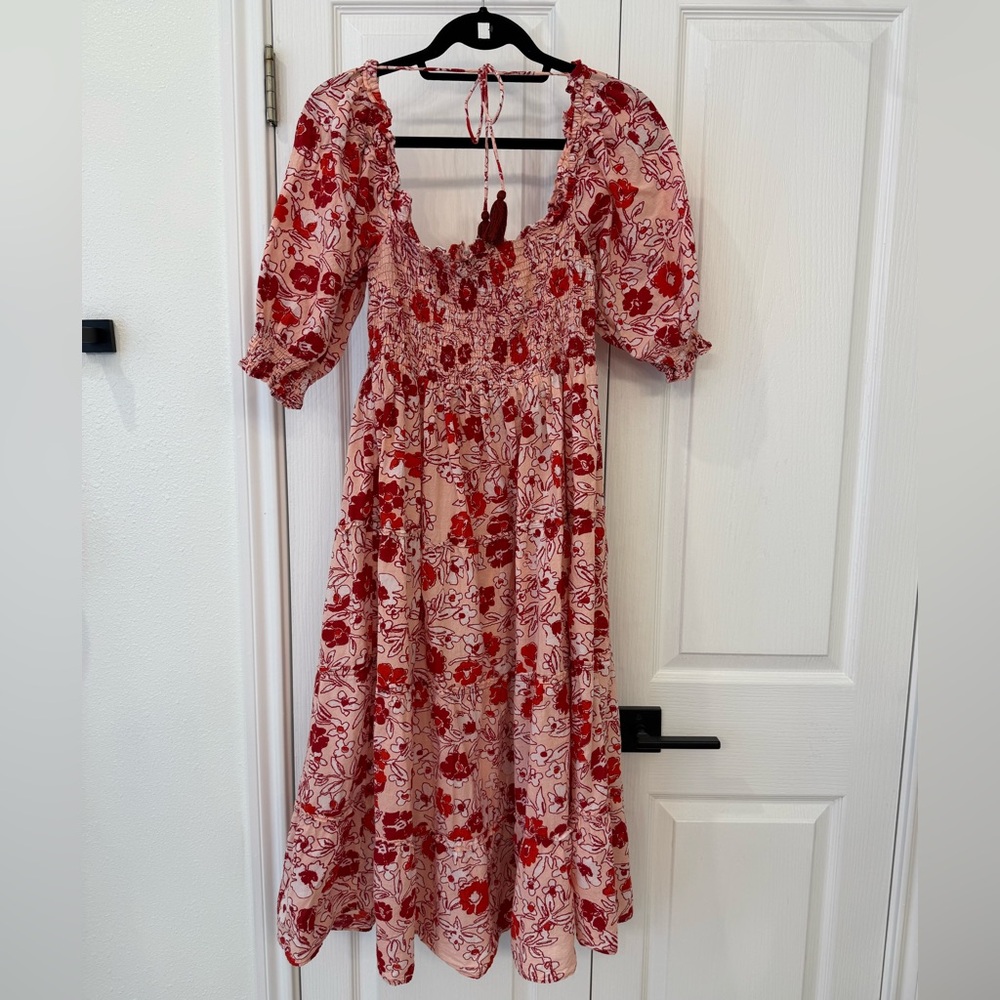 Anthro Ro’s Garden Red Floral Smocked Midi Dress size Small Boho Cottagecore